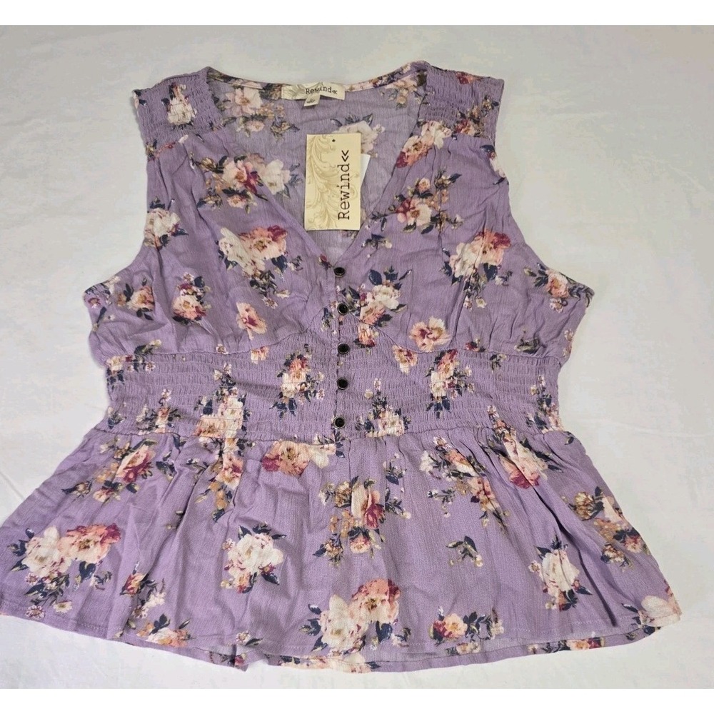 Rewind Women's Large Smocked Floral Lilac Tank Top NWT